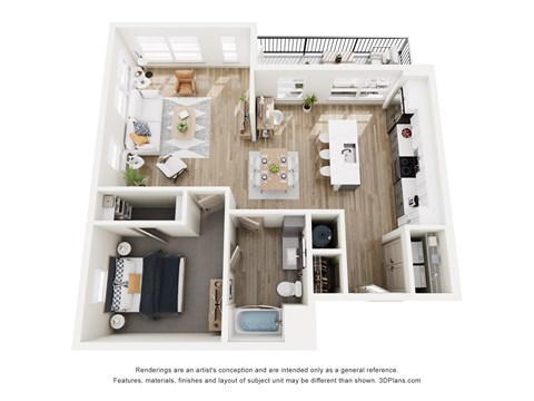 Floor plan for 1 bed, 1 bath, 939 sqft